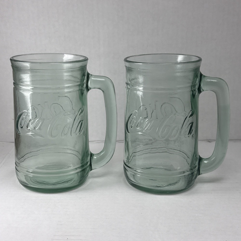 2 Vintage Coca Cola Coke Embossed Green Clear Glass Stein Mug 16 oz with Handle